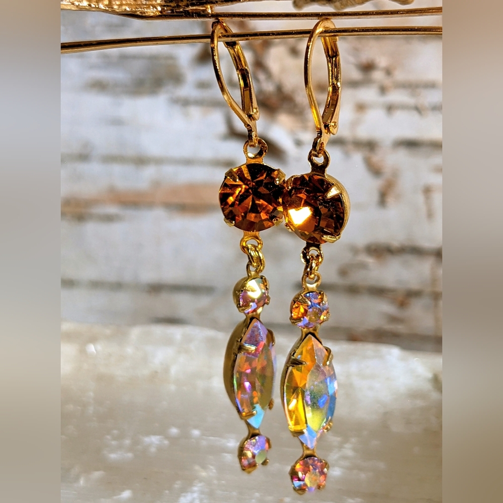 Yellow & Orange Mettalic AB Swarovski Crystal In Drop Down Gold Plated Earrings